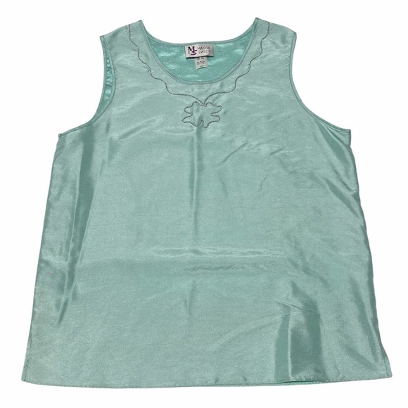 MAGGIE Sweet Turquoise Blue Sleeveless Embroidered Silky Blouse Large - Picture 5 of 11